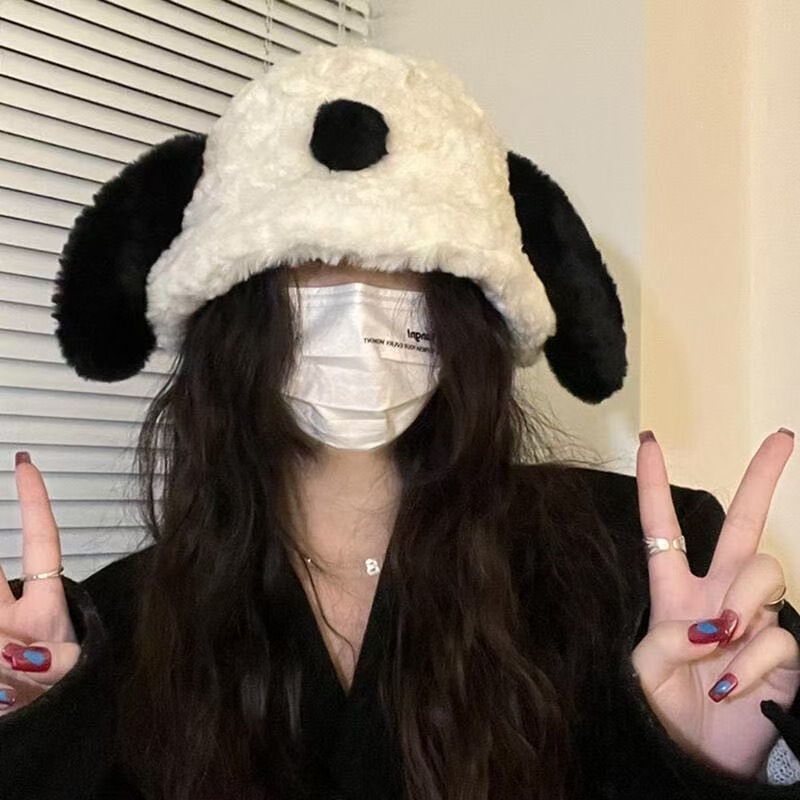 可爱小狗毛绒渔夫帽女秋冬天白色毛毛显脸小保暖护耳盆帽学生百搭|undefined