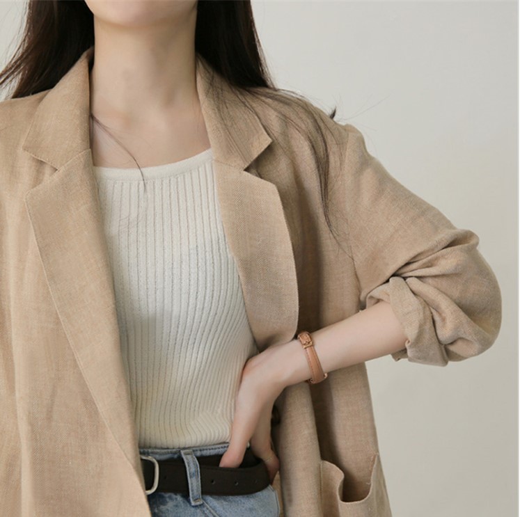 2026 Spring/Summer Korean New Herringbone Linen Loose Simple Women's Long Sleeve Casual Blazer_ecoleips.com