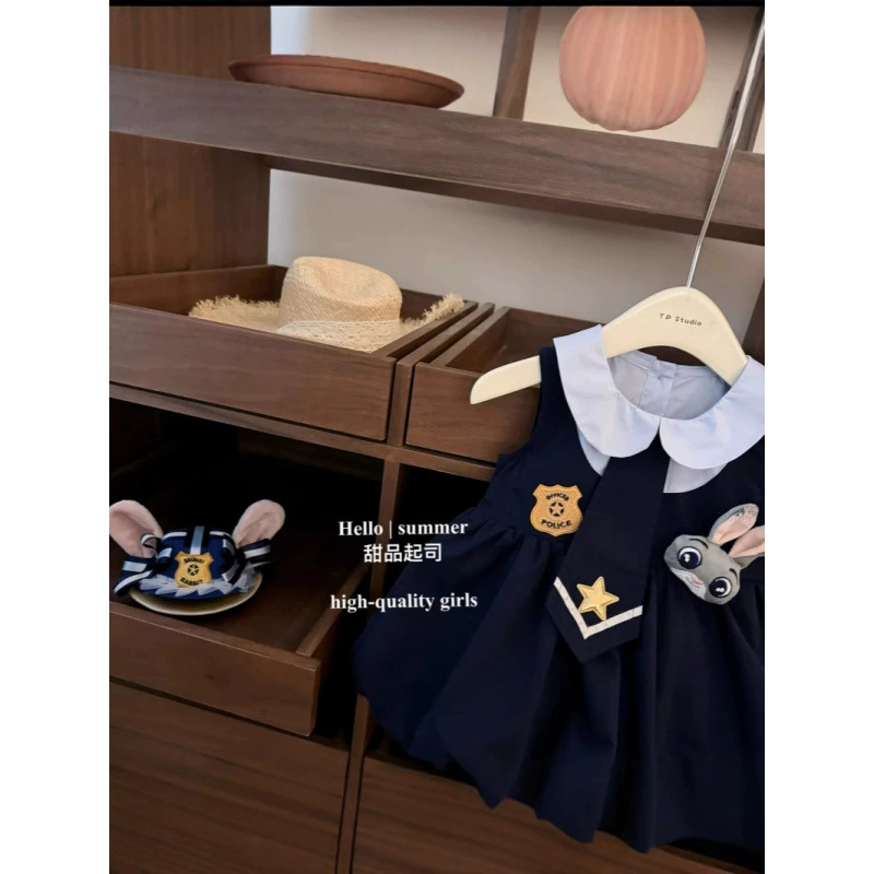 Летний модный детский кролик, платье, корейский стиль, полицейский, 2-8 лет, детская одежда