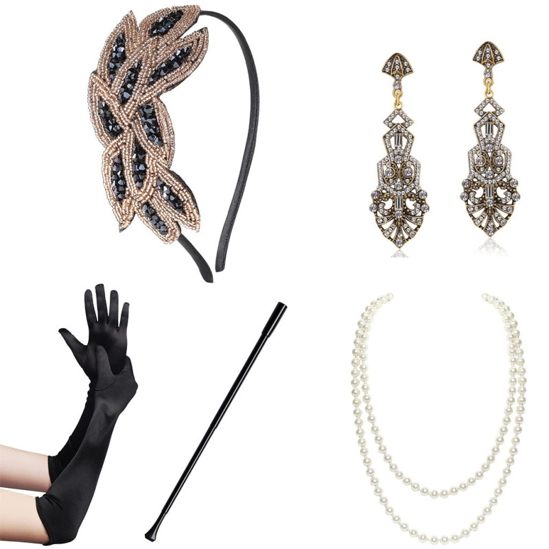 1920sフラッパーガールドレスハロウィーン衣装手袋シガレットネックレスヘッドバンドファー5点セット|undefined