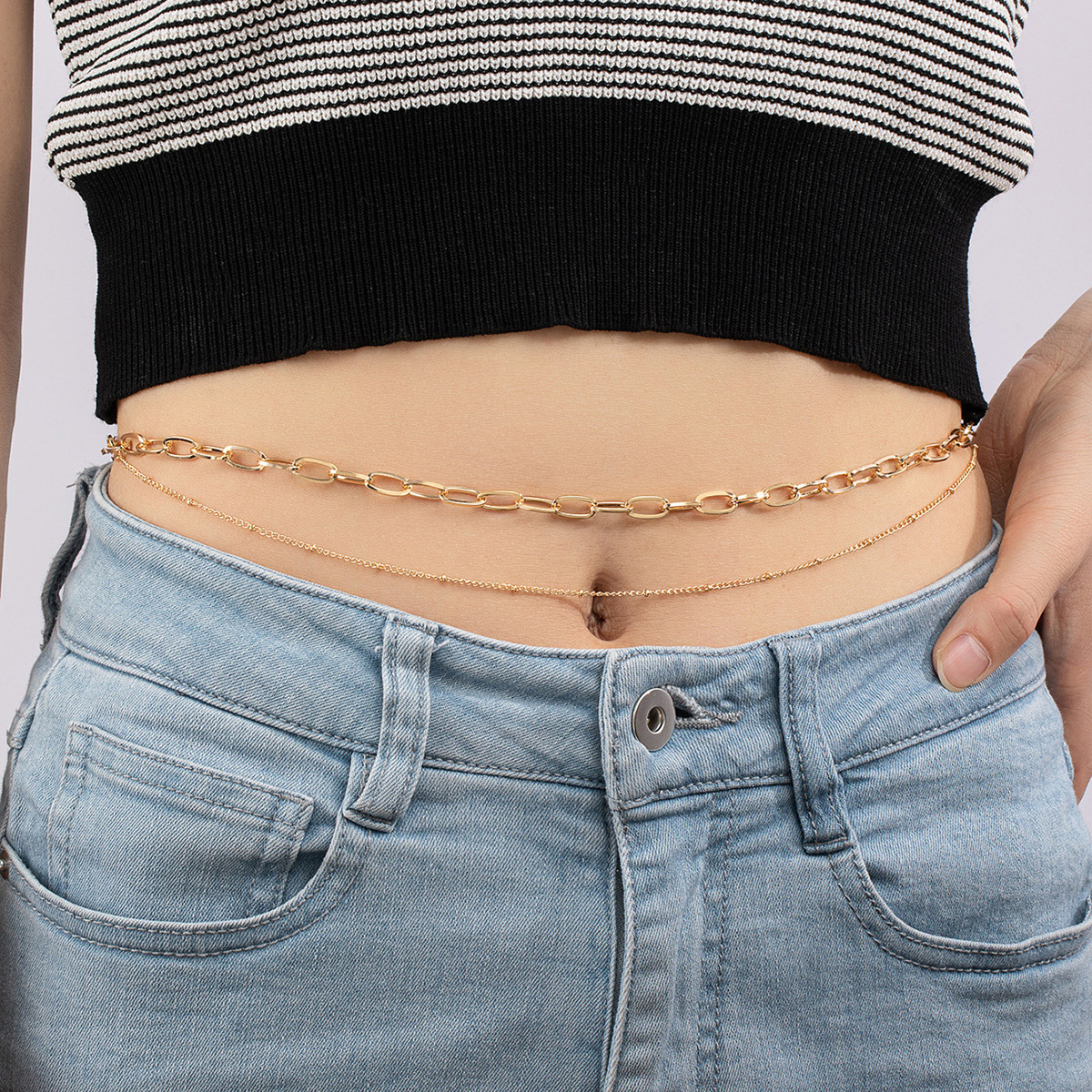Retro Sexy Double Layer Geometric Round Metal Chain Belt for Women, Western Street Style Fashion Splicing Set, Body Chain
