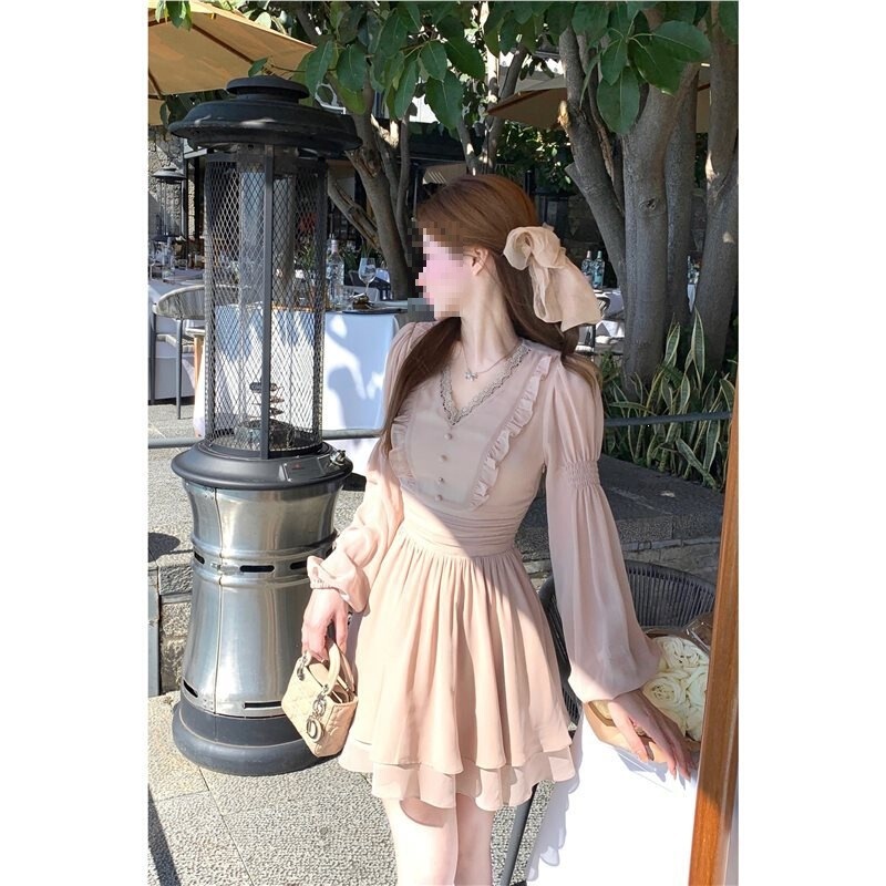 Champagne Margarita Romantic and Gentle Temperament Lace Chiffon Dress Autumn New Style Long-Sleeved Waist-Cinching Short Dress