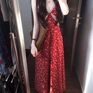 新品亚马逊欧美海边度假红色碎花吊带连衣裙子女小个子气质长裙