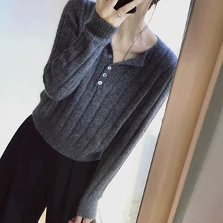 秋冬款韩版半开扣圆领纯羊毛衫女宽松短款针织洋气毛衣打底衫
