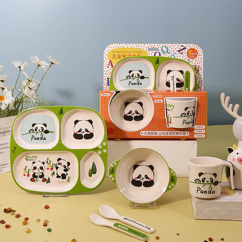 Melamine Bamboo Fiber Baby Tableware Set Kidsren's Cute Food Supplement Plate Panda Cartoon Divided Eating Bowl Dinner Plate