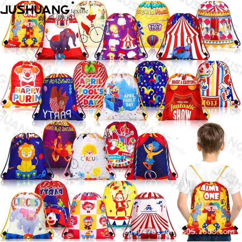 小丑三双肩抽绳背包袋子卡通动物便携收纳袋涤纶手提抽绳袋