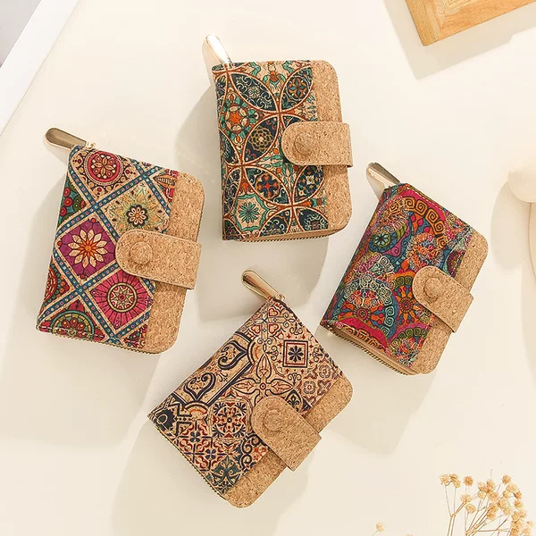 2025 New High-End Printed Multi-Functional Concealed Button Wallet Portuguese Cork Wallet Card Holder Mobile Phone Bag Portable