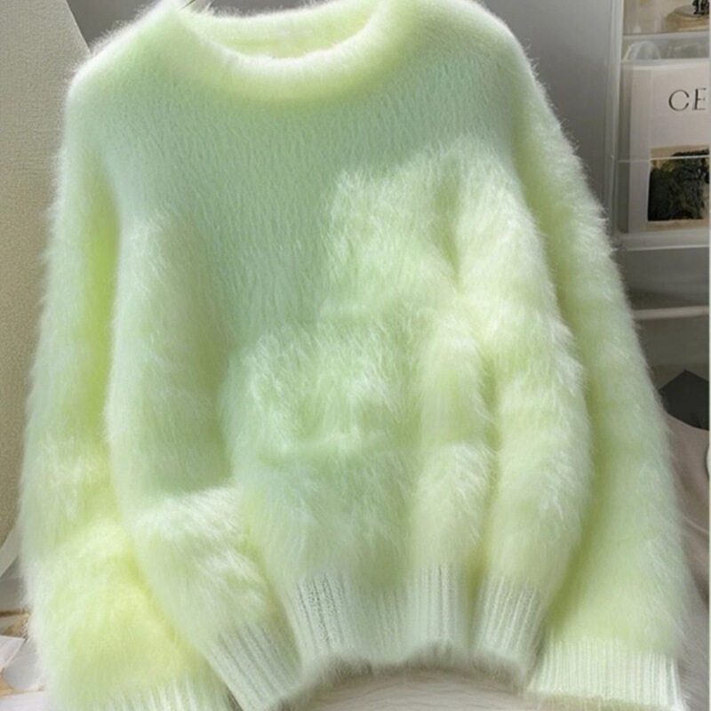 Green mohair thickened, fluffy, and soft knit sweater for women, perfect for late autumn and early winter, a relaxed and comfortable top, 2026 new style