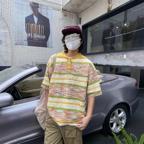 Relaxed Short Sleeve Polo Shirt for Men and Women, Striped Gradient Lattice Collar Knit Button T-Shirt