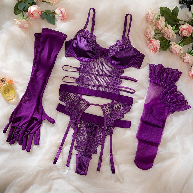 Sexy Purple Lace Garter Strap Steel Ring Sexy Lingerie Three-piece Body-shaping suit