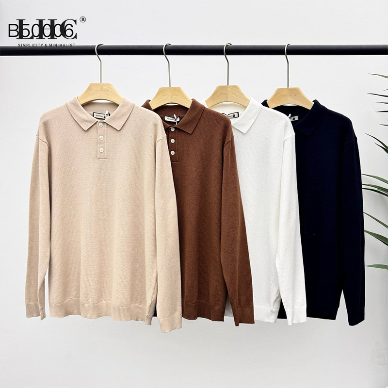 New men's turn-down collar knit sweater, long-sleeved solid color Polo shirt, autumn and winter casual sweater, simple and versatile men's top