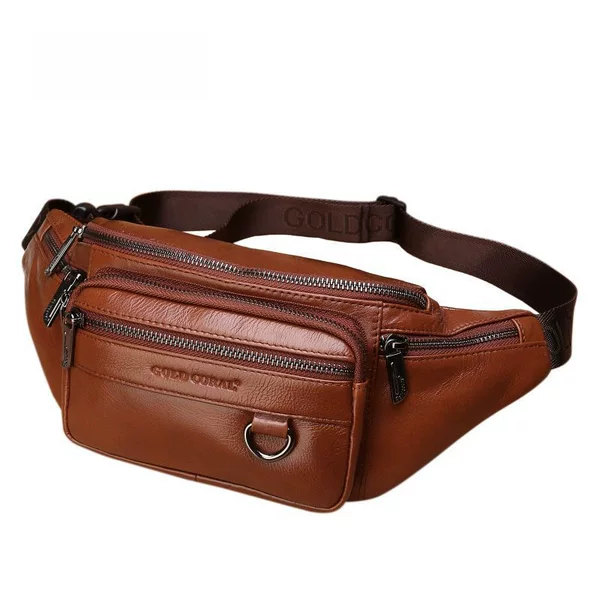 Cross-Border Casual Genuine Leather Waist Bag, First-Layer Cowhide Large Waist Bag, Men's Chest Bag, Sports Men's Bag, Mobile Phone Multi-Function Bag