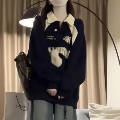 学院风polo领卫衣女宽松oversize复古半拉链设计感小众外套春秋季