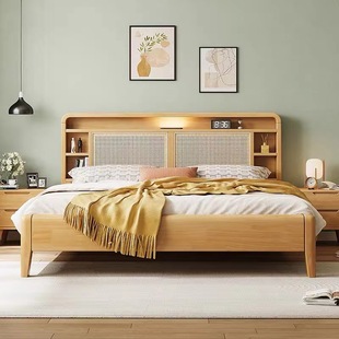 Scandinavian Solid Wood Bed 1.8m Rattan with Night Light Double Bed 1.5 Small Apartment Bedroom Simple Modern Storage Bed