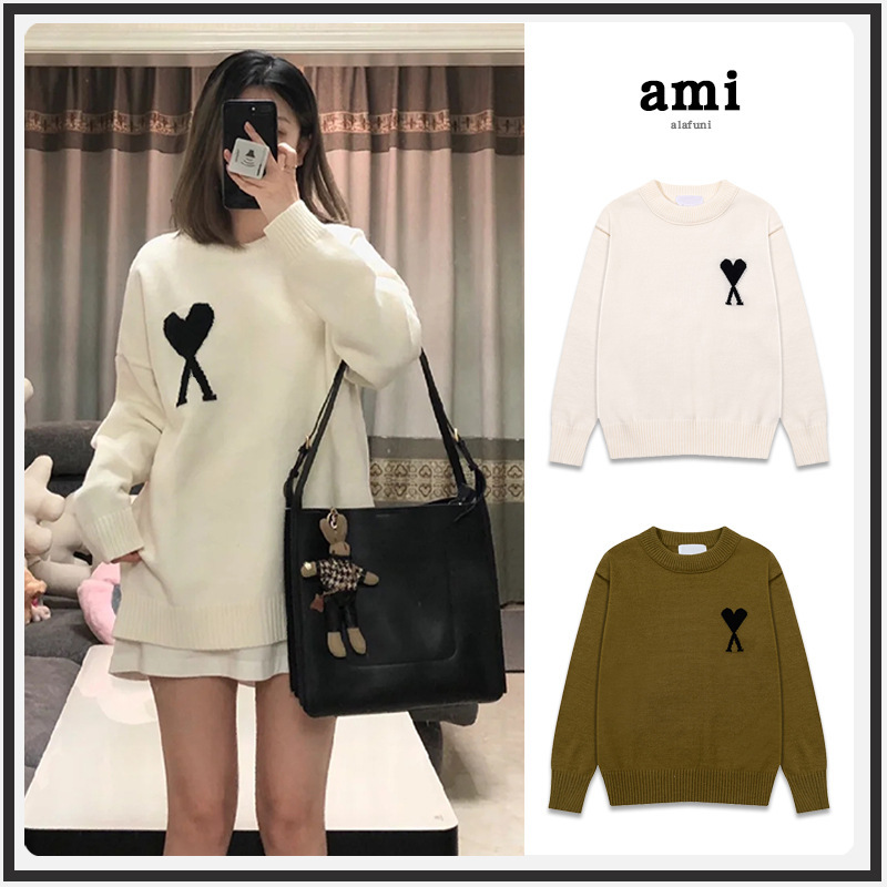 Cross-Border Ami Knitwear 25Ss Autumn and Winter New Black Heart Jacquard Adc Round Neck Men's and Women's Wool Knitwear Long Sleeves