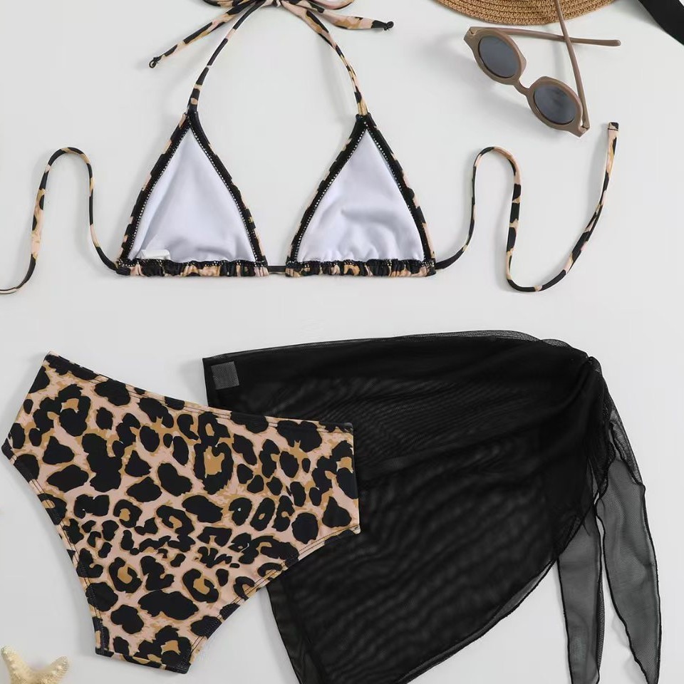Leopard Print Three Piece Swimsuit Set Thin Strap Bikini Fashionable Style For Middle-Aged Children_voghion.com