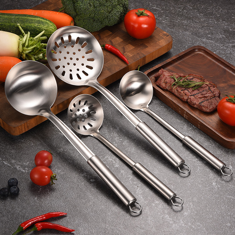 Juego de utensilios de cocina de acero inoxidable con espátula, pala de cocina, cuchara, colador, cuchara, cuchara, pala de freír de tubo redondo, lote de 6 piezas