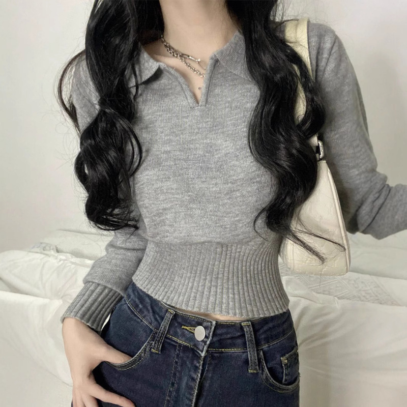 高级感翻v领收腰针织衫女显瘦甜辣chi春秋季短款灰色毛衣慵懒风|undefined