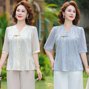 Mom's Summer Clothing, Chinese Style Short-Sleeved Shirts, 2025 New Middle-Aged and Elderly Women's Clothing, Fashionable Age-Reducing Tops and Small Shirts