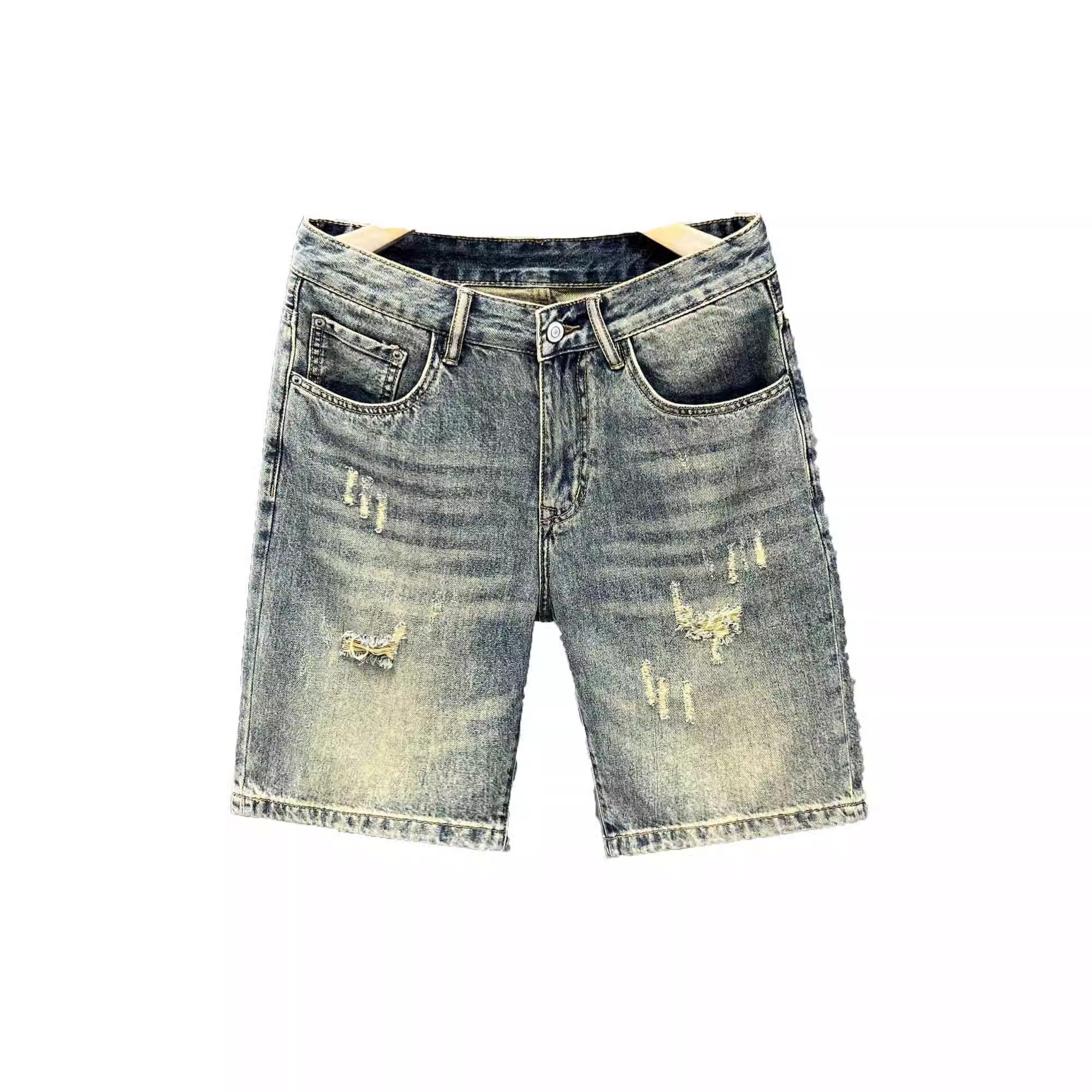 Men's Lightweight Distressed Denim Shorts Trendy High End Printed Patchwork Mid-Length Stretch Five-Point Pants Summer_mkmklike.com