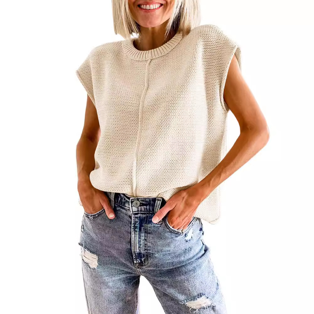2024 Comercio exterior transfronterizo de Amazon para mujer sin mangas top moda casual cuello redondo suéter de punto suelto mujer