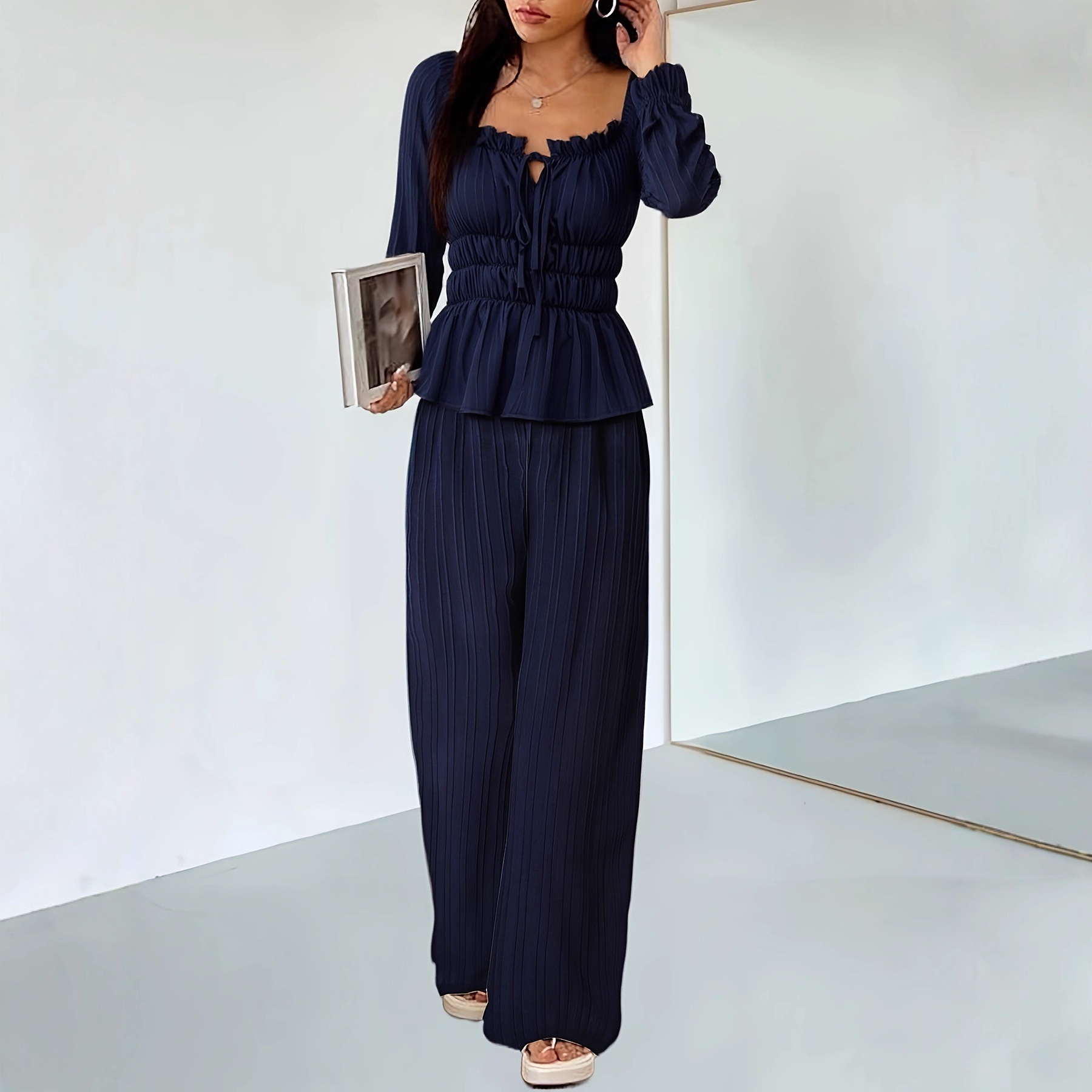 Ensemble chemisier à volants et pantalon large d'inspiration française – Style bohème chic élégant pour femme (Tailles S à XXL, bleu marine, esthétique minimaliste euro-américaine)_voghion.com