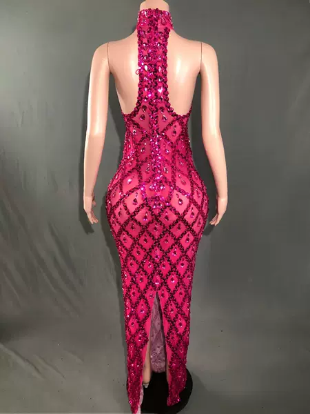 [Cross-border Special] Flash Diamond Neck Backless Fishtail Evening Dress Women's 2024 Spring Sleeveless Slim plus size Dress