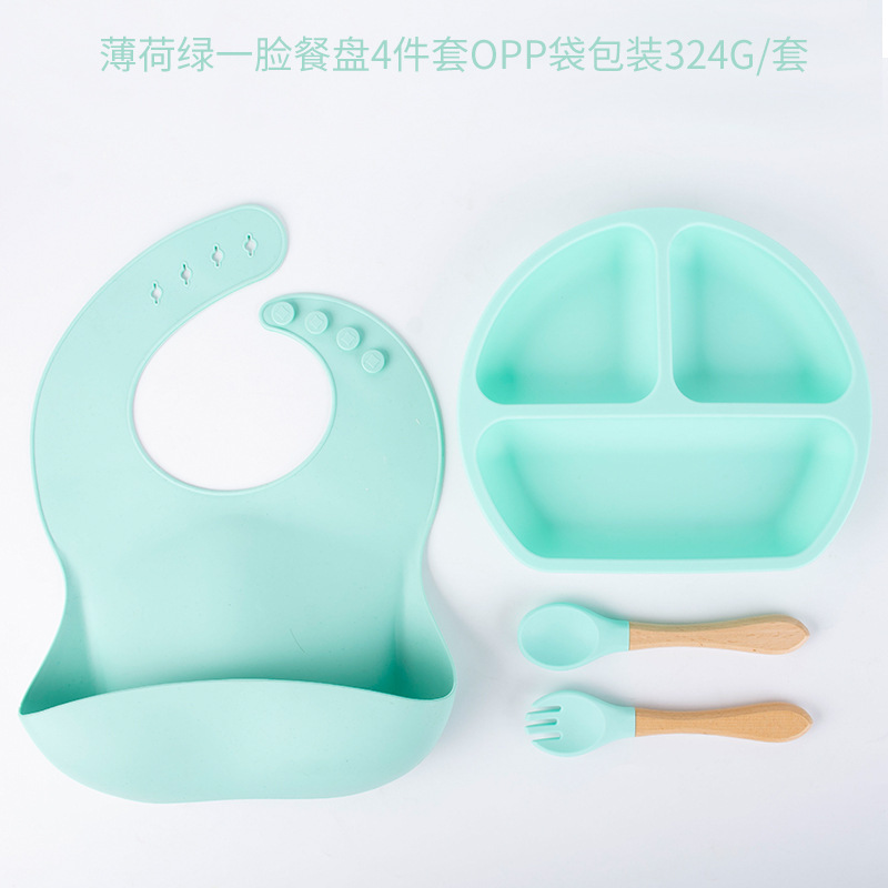 민트그린 4종 디너접시세트 (턱받이+디너접시+나무손잡이 포크&스푼) DM-228-1