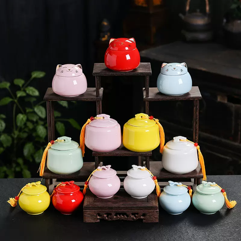 陶瓷香粉罐迷你密封罐小号便携茶罐卡通猫香膏罐伴手礼印制LOGO