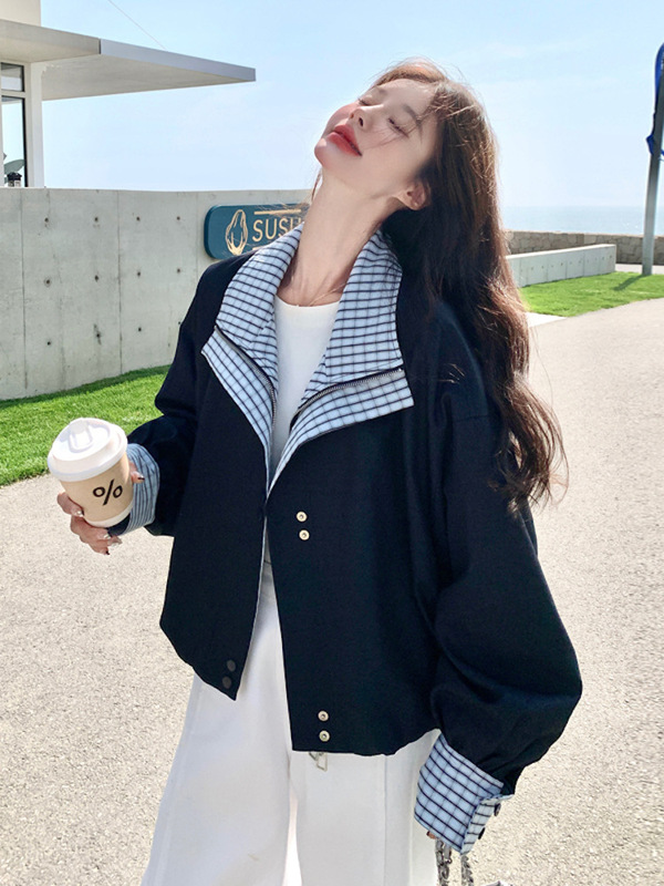 复古格子立领工装短外套女2025春秋宽松甜酷小个子花苞型休闲夹克|undefined