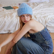 自制冰岛蓝氛围感软糯羊毛混纺冰川蓝色毛线帽女冬季显脸小针织帽