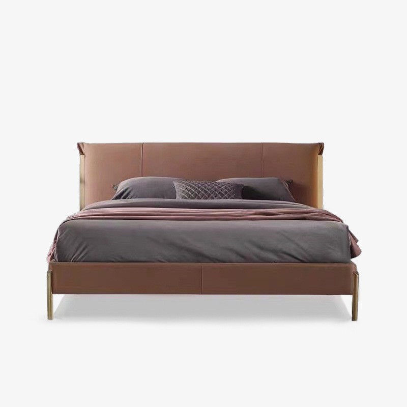 Italian Minimalist Light Luxury Leather Bed, Modern Influencer Designer Master Bedroom Wide Screen Floor Standing High Leg Frosted Fabric Bed