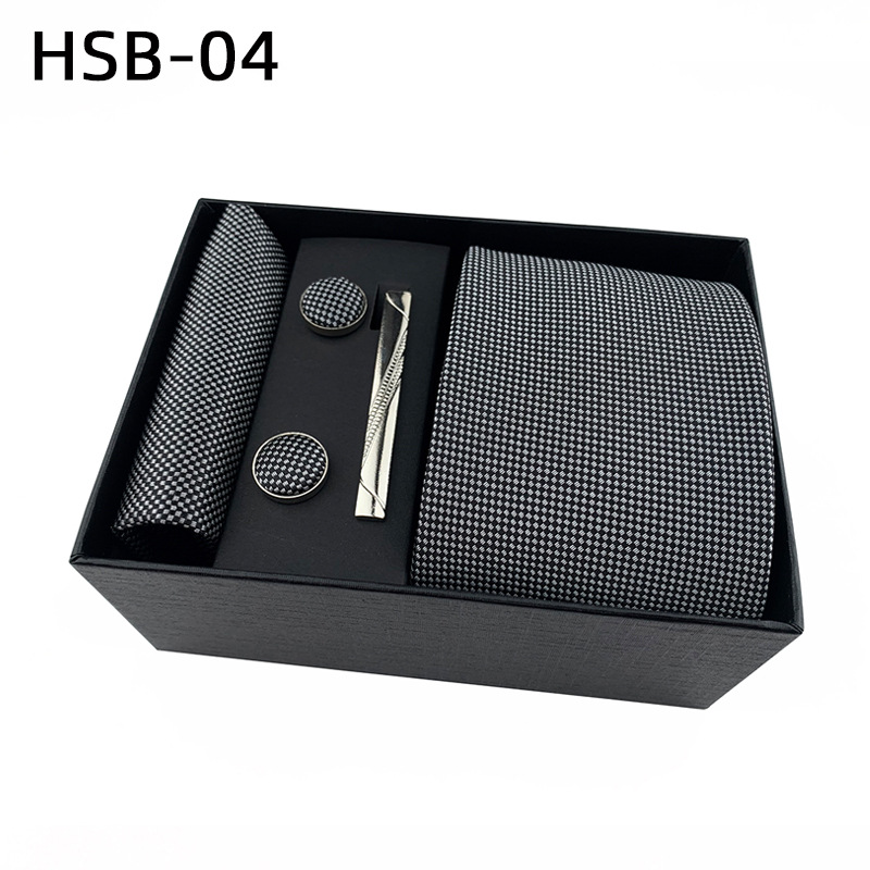 2025 nueva caja de regalo negra de negocios para hombres, corbata lisa a rayas, bufanda de bolsillo, clip de corbata, traje de regalo