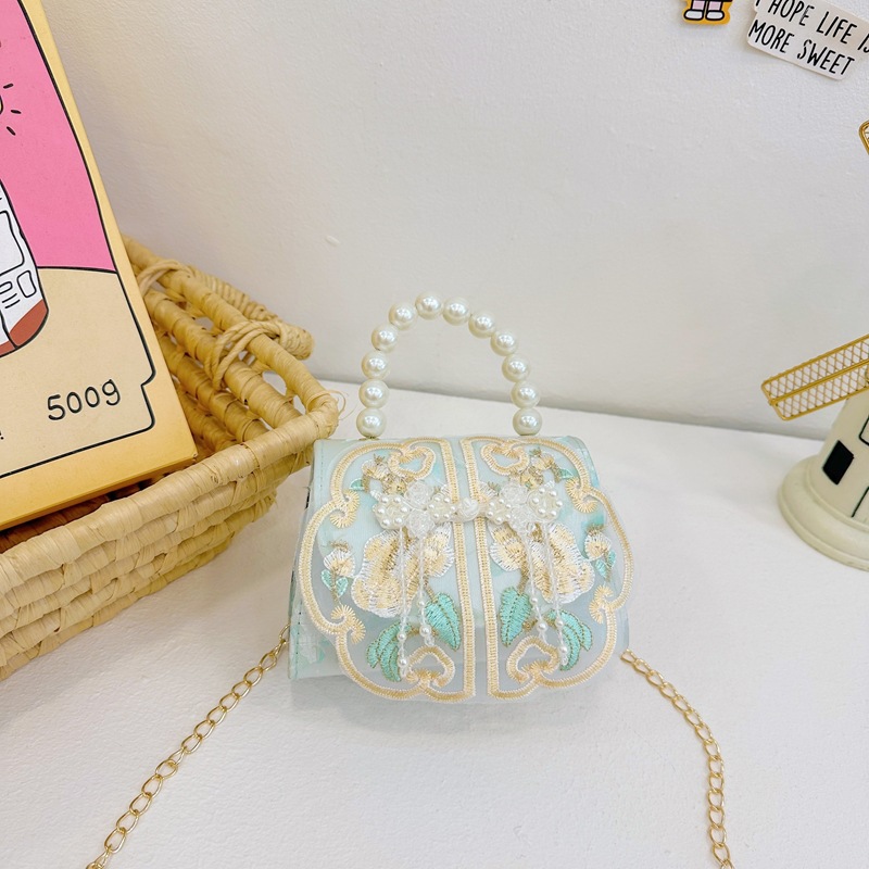 Chica linda princesa bolso de perlas encaje bordado portátil todo fósforo pequeño bolso cuadrado estilo étnico bolso de mensajero para niños