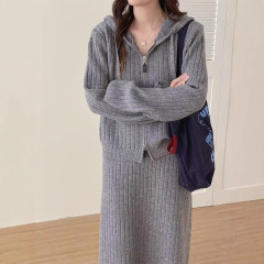 秋冬新款韩版休闲连帽拉链针织衫套装女宽松慵懒半身裙毛衣两件套