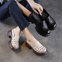 包头洞洞半拖鞋女2025夏季新款真牛皮增高厚底懒人一脚蹬外穿凉拖