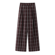 2025冬季新款红色格纹休闲裤松紧腰宽松直筒裤长裤女 L007111007