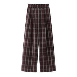 2025冬季新款红色格纹休闲裤松紧腰宽松直筒裤长裤女 L007111007