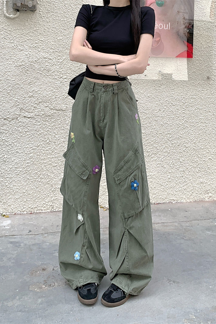 阔腿牛仔裤女春季美式复古绿色花朵刺绣工装裤设计感高腰直筒长裤