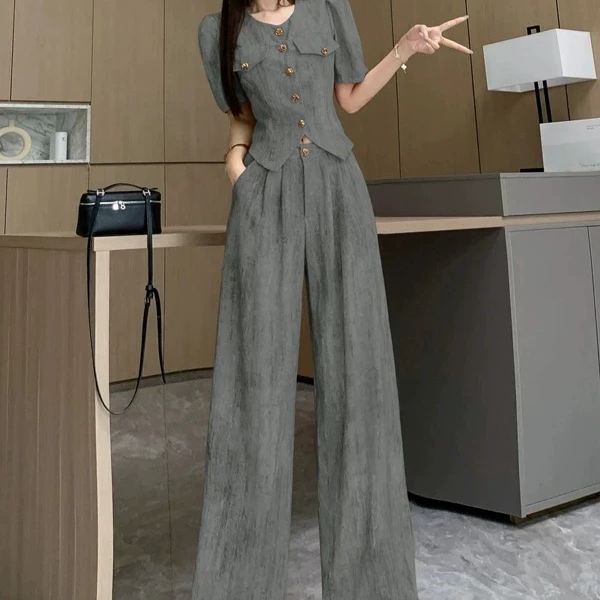 欧货高级感套装女2025夏装薄款时尚气质上衣+百搭直筒阔腿裤|undefined