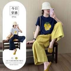 シングルピース/2025夏韓国風小柄カジュアル万能デザインパイナップルプリントTシャツ痩身ワイドレッグパンツ