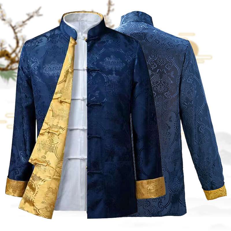 Chinese Style Fashion Tang Suit Dad Casual Men's Chinese Style Old-age Collar Long-sleeved Hanfu Double-sided Dress Ancient Dress