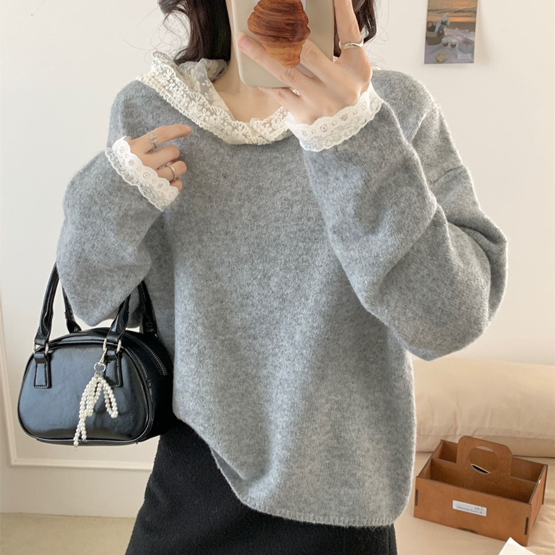 蕾丝拼接连帽长袖针织衫女2025新款秋装纯欲设计感别致宽松毛衣潮|undefined