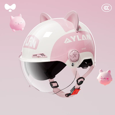 Electric Vehicle Half Helmet, Safety, Motosiklet kaskı (dəbilqə) - peach-blossom-pink-cat-ear-short-outer-double-lens-3c-new-national-standard-class-a-one-size