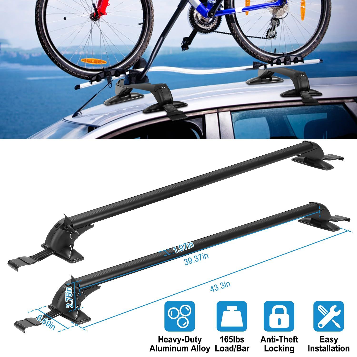 2Pcs Lockable Black Aluminum Roof Rack Cross Bars