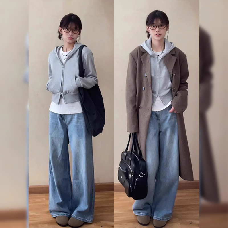 Grey Short Sweatshirt Coat Women's Autumn and Winter Hooded Coat Inner Top fleece-lined Thickened Design Sense