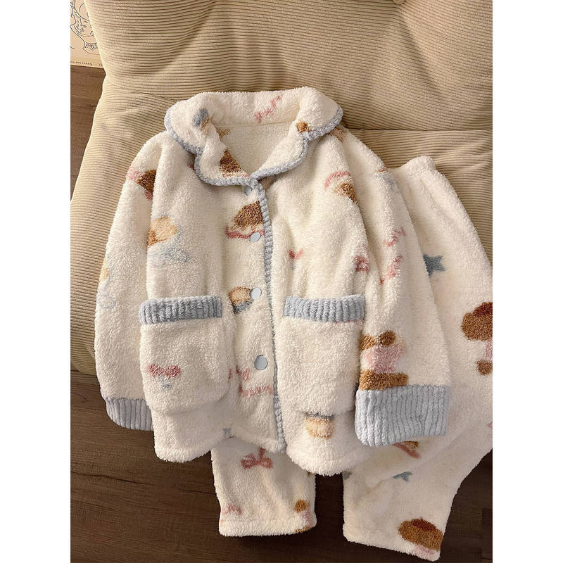 Teddy Puppy Girl Cute Flannel Pajamas Women's Autumn and Winter Lapel Coral Fleece Thickened Home Clothes Set