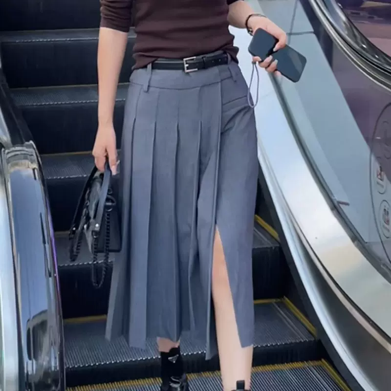 极简风羊毛半身裙女2024新款秋装中长款灰色显瘦A字裙百褶裙实拍
