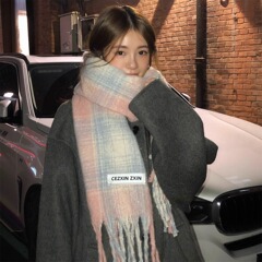 糯叽叽温柔灰粉格子围巾女2025秋冬季保暖仿羊绒学生围脖披肩两用