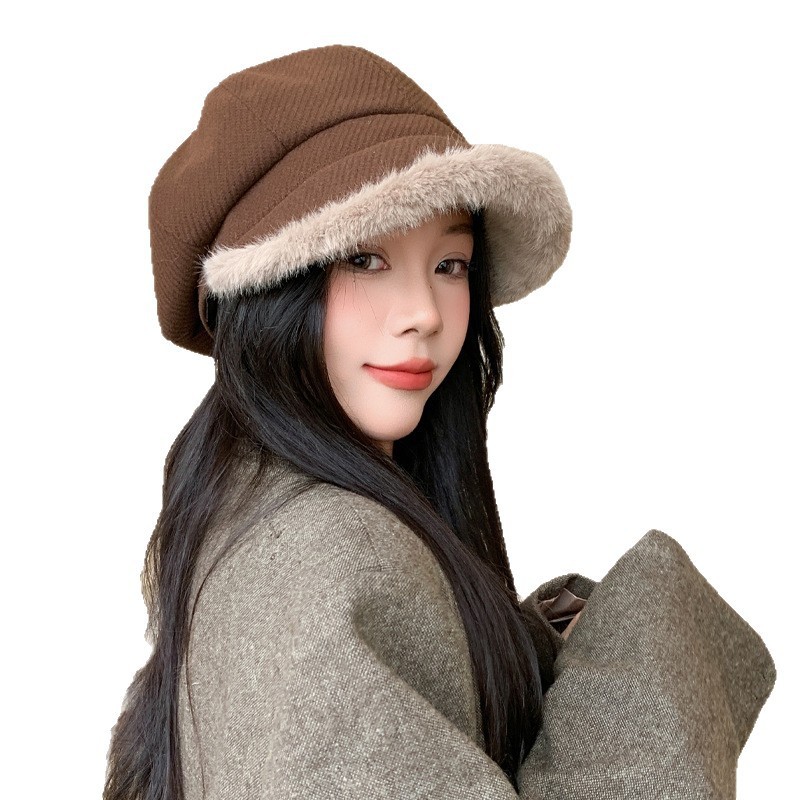 贝雷帽女秋冬季显脸小加绒保暖帽甜美百搭画家帽户外休闲八角帽韩|undefined